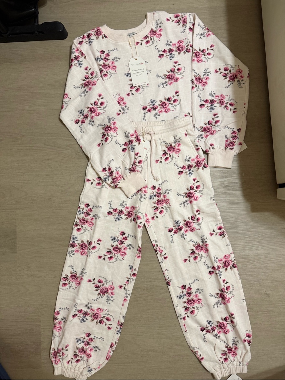 Ivy city co Floral Pink Cream sweatsuit matching sweat Set joggers travel casual